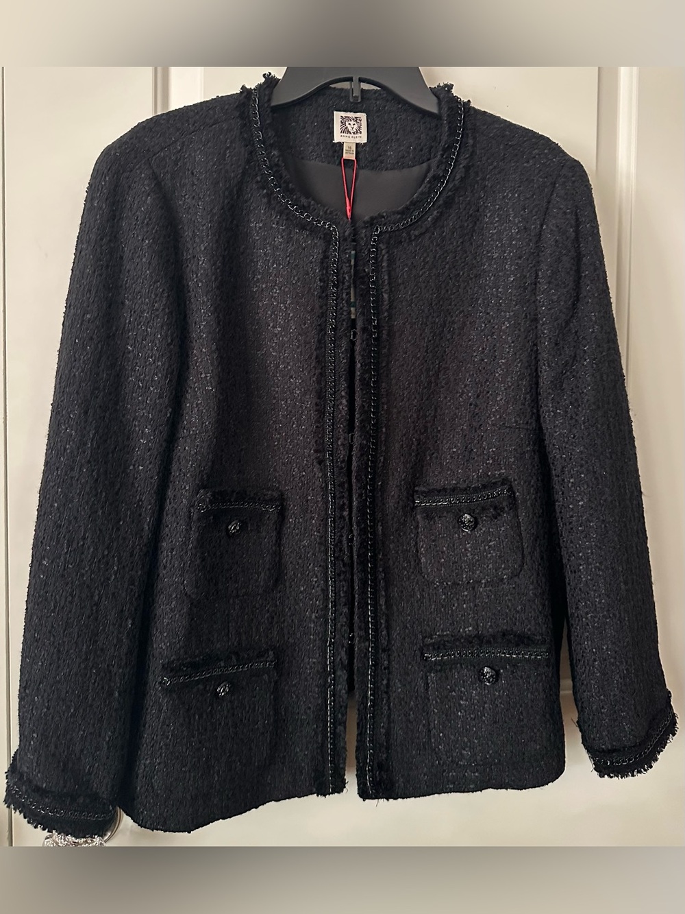 Anne Klein NWT Black Bouclé Tweed Jacket Size 16 Fringe Trim MSRP $169